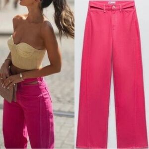 Zara Women Size 12 Pink High Rise Wide Leg Denim